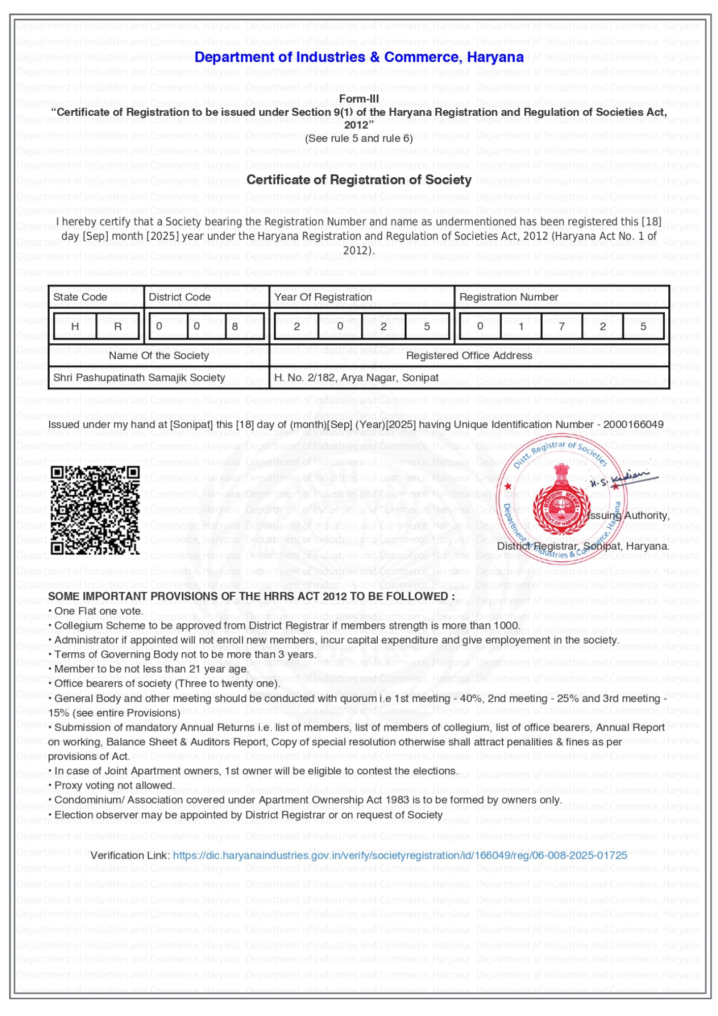 Certificate of Registration of Society
